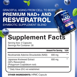 Nutrivein Premium NAD + Resveratrol Supplement 600 mg - 30 Servings (60 Capsules): Powerful Synergistic NAD Resveratrol Supplement - Aging, Cognition, Metabolism, & Overall Well-Being