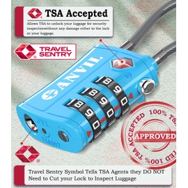 ANVIL TSA Locks for Luggage – TSA Approved Cable Travel Lock with Zinc Alloy Body, 3-Digit Combination Lock for Suitcases, Backpacks, Gun Cases, Zippers (Tricolor 6 Pack)