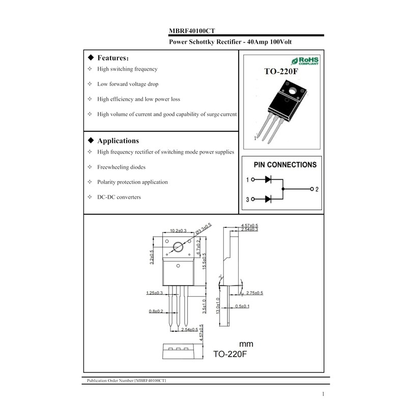 (Pack of 10) MBRF40100CT (MBRF40100 MBR40100) 40A 100V TO220F Plastic-Encapsulate