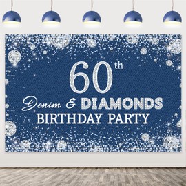 Denim and Diamonds 60th Birthday Backdrop Banner Denim and Diamonds Birthday Party Decoration Crystal Girls 60th Happy Birthday Party Decorations Banner for Women 60th Birthday Jewels Party Supplies