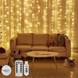 DQST Cortina de Luz 3M*3M con 300Leds, 8 Modos de Luces con Control Remoto, Cadena de Luces Decorativa Impermeable, Luces Navideña, Decoración de Iluminación para Dormitorio, Patio, Fiestas