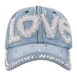 TSSGBL Love Bling Rhinestone Fashion Trendy Cute Baseball Hat Men Women Adjustable Unstructured Denim Light Blue Ball Cap