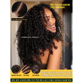 Sunber Bye Bye Knots Curly Glueless Human Hair Wig Pre cut 7x5 HD Lace Front Put On Go 3S Wear Pre Bleached Invisible Knots 150% Density Pre Plucked with Baby Hair 16Inch Pre Everything Curly Wigs