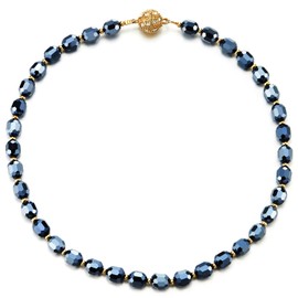 COOLSTEELANDBEYOND Elegant Dark Blue Crystal Bead Necklace Gold-Tone Clasp, Glamorous Beads Necklace Collar Necklace, Metal, No Gemstone