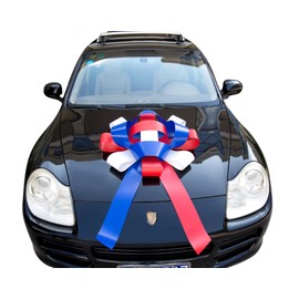 30" Giant Car Bow - Patriotic | Red, White and Blue Big Car Bow with Non Scratch Magnet Base | Weather Resistant Vinyl Magnetic Car Bow Waterproof