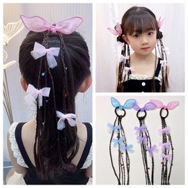 SITEDAN Kids Hair Extension, Braid Wig, Bow Included, Dance Extension, Girls, Ponytail, Wig, Twin-Tail, Braid, Extension, Costume, For Children, Events (Pink)