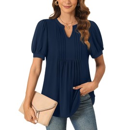 Anyally Womens Plus Size Summer/Spring Dressy Casual Blouse Puff Short Sleeve Tunic Tops Pleated T-Shirts for Work, 2XL Navy Blue