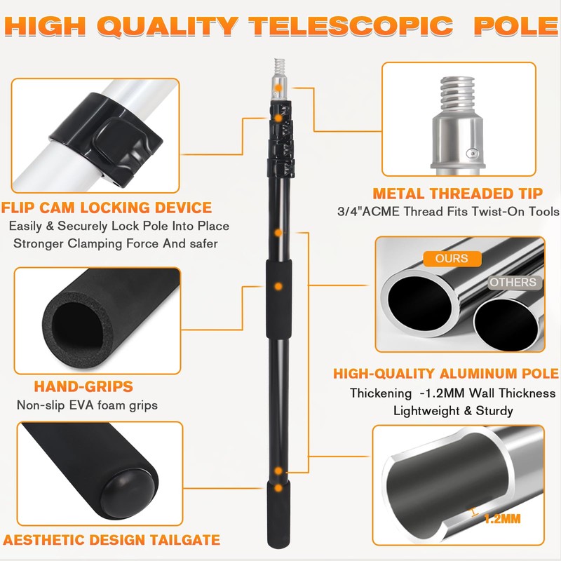 28FT Reach Telescopic Extension Pole, 5-20FT Multi-Purpose Extendable Pole with