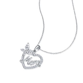 Bonlavie Gift for Mom Butterfly Love Heart Pendant Necklace with Clear Cubic Zirconia for Mother's Day Birthday with Gift Box, 18" Cable Chain