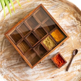 ExclusiveLane 'Medley of Masalas' Handcrafted Indian Spice Box With Spoon In Sheesham Wood (12 Removable Containers, 80 ml) - Masala Dabba Wooden Masala Box Spice Boxes For Kitchen