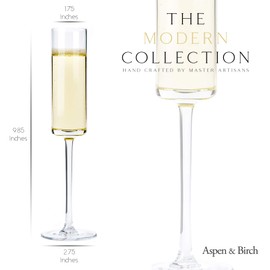 Aspen & Birch - Modern Champagne Flutes Set of 6 - Champagne Glasses - Mimosa Glasses, Crystal Stemware, Clear, 6 oz, Hand Blown Glass Champagne Flutes - Hand Crafted by Artisans
