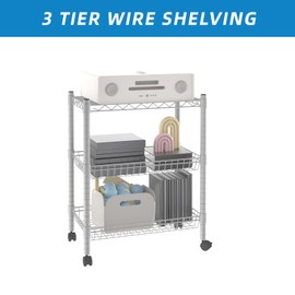 Guan River 3 Tier Wire Shelving Wire Basket Shelf Storage Shelf Adjustable Metal Shelf 2 Bottoms for Choose(Castor or Leveling Feet) for Office,Kitchen,Bedroom,Silver(23.23" L x 13.11" W x 32.28" H)