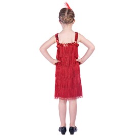 Rabtero Kids Roaring the 20s Fancy Dress Costume, Girls Flapper Dress with Pearl Necklace and Feather Headband, Gangster Flapper Dress for Girls, Red, Large 8-10