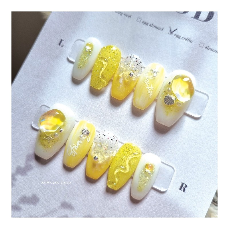 Lemon Beach.Lump Wave Sea Beach Unique Emotional Nail - Almond