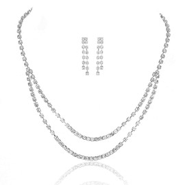Aularso Layered Wedding Jewelry Set Rhinestone Wedding Necklace Earring Set Silver Crystal Bridal Necklace for Women (D)