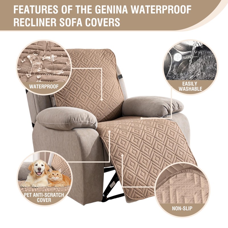 Genina Waterproof Recliner Chair Cover - 100% Protection! Non-Slip, Washable