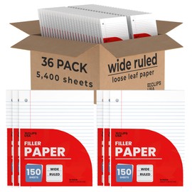 Notebook Paper, Loose Leaf Paper, Wide Ruled Notebook Paper, 10.5” x 8” Filler Paper, 56 gsm, 5400 Sheets, 150 Per Pack (36 Pack)