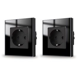 JIMEIDA 2 Pack Socket Glass Black Flush-Mounted Schuko Sockets Protective Contact Wall Socket 16 Amp, 250 V, 86 mm x 86 mm