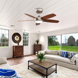 Ceiling Fans with Lights, Low Profile Ceiling Fan with Remote and APP Control, Flush Mount, DC Reversible, 3 CCT LED Dimmable, Wood 5 Blades, Quiet Ceiling Fan for Bedroom (Brown, 52 Inch)