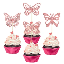 24 piezas de decoración para cupcakes de mariposa con purpurina montada en forma de mariposa hueca para cupcakes de novia, decoración de tartas para bodas, compromisos, baby shower, niños, suministros de fiesta de cumpleaños, estilos mixtos, oro rosa