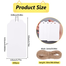 SOFPLATE 200Pcs White Paper Name Tags Price Tag Blank with Jute Cord Rectangle 4.5 x 9.5cm Hanging Display Merchandise Clothing Pricing Retail Sale Label for Clothes Pricing Arts Crafts Labeling Decor