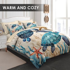 Pamnest Comforter Set Queen Size, Ocean Coral Sea Turtle 7 Pcs Bedding for Kids and Adults, Blue Shell Animal Bed Sheet Sets with Fitted Sheet 2 Pillowcases & 2 Shams for Bedroom Bed Decor