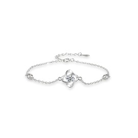 Onlyfine S925 Sterling Silver Four-Leaf Clover Bracelet | Adjustable 3cm Chain, Hypoallergenic Zirconia | Polished Finish, Lasting Shine (White)