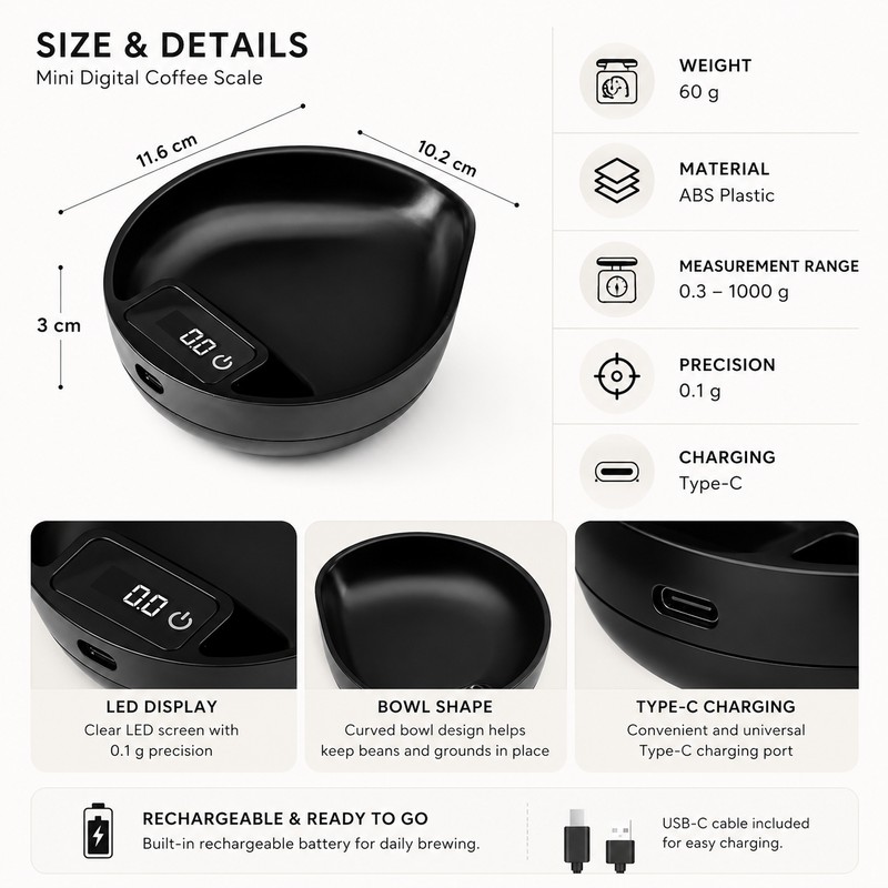 Mini Digital Coffee Scale for Espresso Brewing – 0.1g Precision