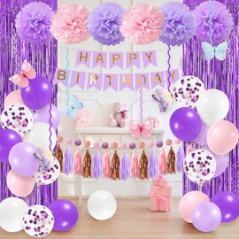 Pink and Purple Birthday Decorations with Birthday Banner,Hanging Swirls,Tissue Paper Pompoms,Circle Dots Tassel Garland,Balloons Fringe Curtain Butterfly Birthday Decorations for Girls Women Kids