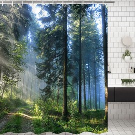 Alishomtll Forest Shower Curtain, Green Anti-Mould Shower Curtains, Textile Waterproof Shower Curtains, Bathtub, Washable with 12 Hooks, 180 x 200 cm