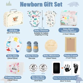 UBERMing Gift for a birth boy, baby gift set for boys and girls with 2 baby rompers, 1 bib, socks, muslin cloths, milestone cards, footprint, stamp pad, picture frame, decision coin