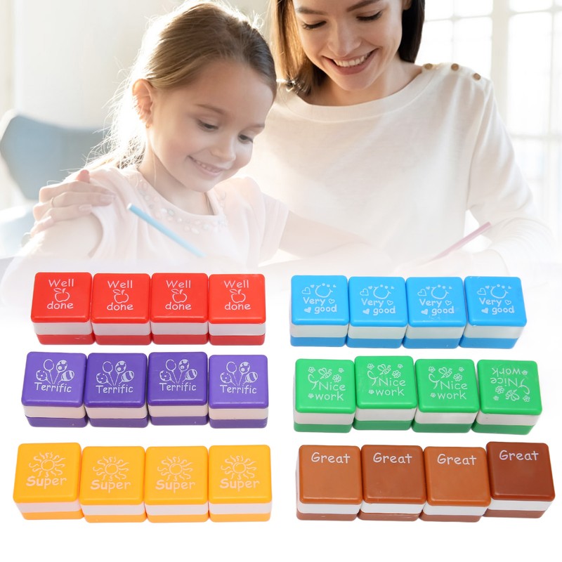 24PCS Teacher Stamps Reusable English Homework Encouraging Grading Stamp for