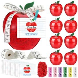 Chunful 29 Pcs 6/8 Set Back to School Teacher Appreciation Gifts 6.1 x 4.3 Inch Large Plastic Apple Container with Cards Ruler Ribbon Clips Raffia for Classroom School Party Decorations (Red)