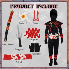 Kitimi Onesie Ninja Costume Children Black Red 16 Pieces Ninja Carnival Children's Costume Set with Ninja Foam Accessories Katana Sword Ninja Costume for Boys Girls Cosplay Kung Fu Party Fancy Dress