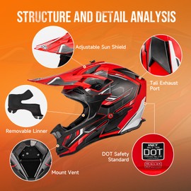 OUMURS Adult Dirt Bike Helmet ATV Helmet with Goggles Gloves & Mask Adjustable Sun Visor DOT/FMVSS-218 Motorcycle Adult ATV Helmet Off-Road Motocross Downhill Moped MX for Unisex-Adult-Red Black, L
