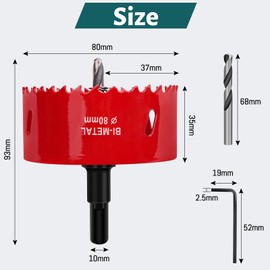 Yeepeo Hole Saw 80 mm, Universal HSS M42 Bi-Metal Hole Saws, Circular Hole Saw with Hex Shank and Drill Bit Set Drill Bit for Wood, Drywall, Plastics, 1 Piece Red
