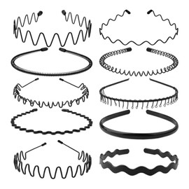 JERLITU 10 Pieces Metal Hair Band for Men Headbands for Women, Black Spring Outdoor Sports Headbands, Fashion Face Wash Head Band, Wave Simple Elastic Non Slip Head Headwear