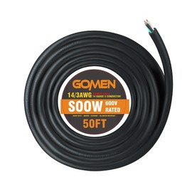 GOMEN 50 Feet 14 Gauge 3 Conductor SOOW Portable Power Cable 600V, 14/3 14 AWG Heavy Duty Electrical Wire, Water and Oil Resistant Electric Cord