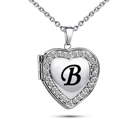 KunBead Locket Heart Birthstone Letter B Mother Daughter Silver Monogram Charm Engraved Picture Necklace for Mom