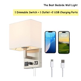 HomeFocus-Bedside Wall Sconces,Dimmable Wall Light with Outlet and Dual USB Charging Ports,Hardwired or Plug in,Wall Mounted Light,Wall Lamp for Bedroom,Living Room,Metal,Satin Nickel.