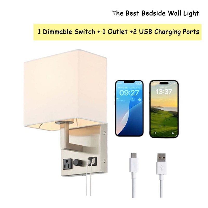 HomeFocus-Bedside Wall Sconces,Dimmable Wall Light with Outlet and Dual USB