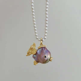 Fish Pearl Necklace for Women Freshwater Pearl Baroque Goldfish Necklace for Mom Daughter, 18k Gold-plated, 14-20mm Pearls, 18" + 2.5" Extender, Anniversary Birthday Gift for Her (Purple Gold Tail)