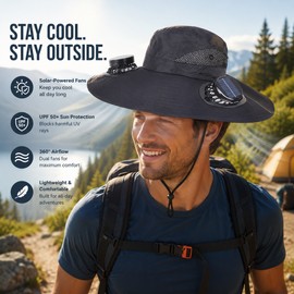 Solar Fan Wide Brim Hat for Outdoor Cooling – Polyester Sun Shade Bucket Hat for Fishing, Hiking & Camping