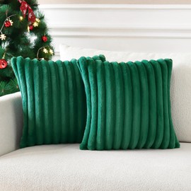 Soleebee Set of 2 Throw Pillow Covers Soft Cozy Velvet Pillowcase Faux Rabbit Fur Cover for Couch Sofa Bed Chair Home Decorative Pillows Cover (24x24 Inch, Christmas Green)