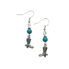 Cowboy Boot Charm Earrings with Turquoise Colored Stone Accent Beads on Sterling Silver Earwires, Spur, Southwestern, Cowgirl