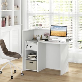 Giantex Reception Desk, Front Counter Desk with Lockable Drawer, Checkout Table with Round Tabletop, Corner Shelf & Adjustable Shelf for Office Beauty Salon Retail Store (White)