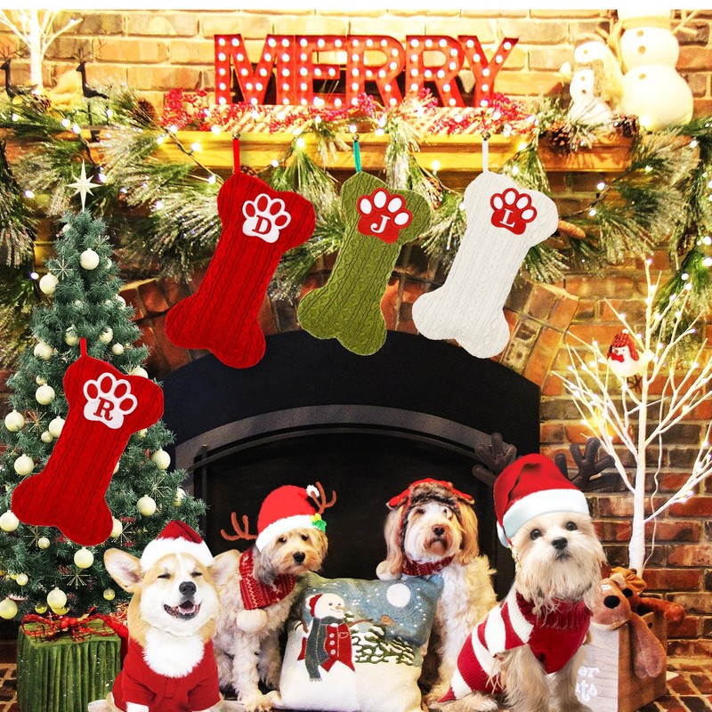 Dog Stocking with Initials，Bone Christmas Stocking with Letters,Large Knit Embroidered