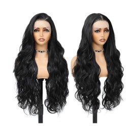 HD Lace Front Wig Human Hair Blend Highlights  Straight Long 28 Inch Black