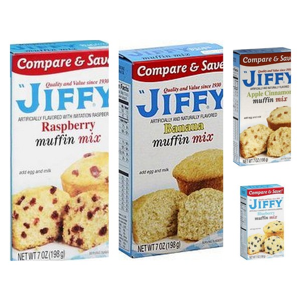 Jiffy Muffin Mix Variety Bundle, 7 oz (Pack of 4) includes 1-Box Banana Muffin Mix + 1-Box Blueberry Mix + 1-Box Raspberry Muffin Mix + 1-Box Apple Cinnamon Muffin Mix