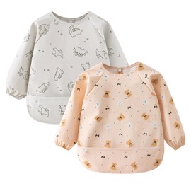 Bib with sleeves, 2 pieces, bib for weaning with long sleeves, baby bib with sleeves, waterproof, machine washable, easy to clean, sleeve bib suitable for babies, Orange + Grey